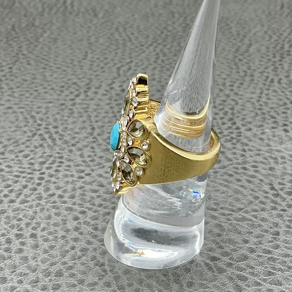 Ring Size 8 Gold Tone Turquoise Rhinestone Cocktail Statement‎ Teardrop Costume